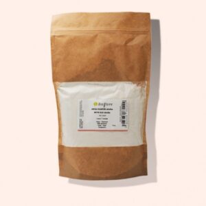 Paquet en papier kraft d’argile blanche Bioflore avec étiquette blanche. Poudre naturelle purifiante et adoucissante, idéale pour les soins du visage, du cuir chevelu ou les produits ménagers DIY | commercialisé par la boutique Tipi à Theux