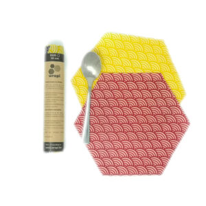 Duo beeswraps réutilisables Wrapi taille S motifs vagues rouge et jaune, pour petits bols ou encas | commercialisé par la boutique Tipi à Theux