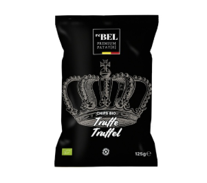 Paquet noir élégant de chips bio à la truffe de la marque N°BEL Premium Patatier, 125g. Recette gourmande et raffinée, élaborée avec des arômes naturels | commercialisé par la boutique Tipi à Theux