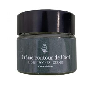 Pot de crème contour des yeux de la marque Nativis, sombre avec couvercle noir. Formule bio anti-rides, anti-cernes et anti-poches, locale et naturelle | commercialisé par la boutique Tipi à Theux