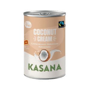 Boîte de crème de coco bio et équitable Kasana 400 ml. Texture onctueuse, parfaite pour les currys et desserts exotiques | commercialisé par la boutique Tipi à Theux