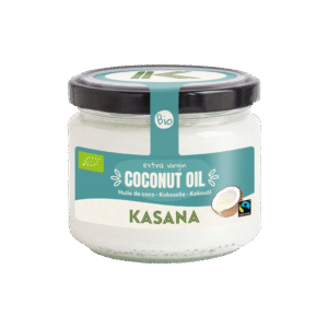 Bocal d’huile de coco extra vierge bio Kasana, 250 ml. Polyvalente en cuisine comme en cosmétique, avec un impact réduit sur l’environnement | commercialisé par la boutique Tipi à Theux