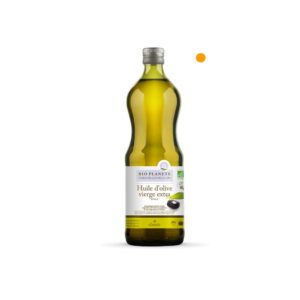 Bouteille d’huile d’olive vierge extra 1L avec étiquette verte et blanche. Produit sain pour assaisonnement et cuisson | commercialisé par la boutique Tipi à Theux
