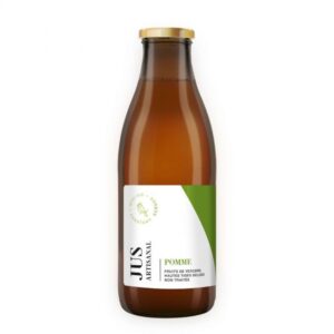 Bouteille de jus de pomme artisanal 1L de la marque Constant Berger, avec étiquette blanche et verte. Élaboré à partir de pommes locales pressées en Belgique, sans sucre ajouté | commercialisé par la boutique Tipi à Theux