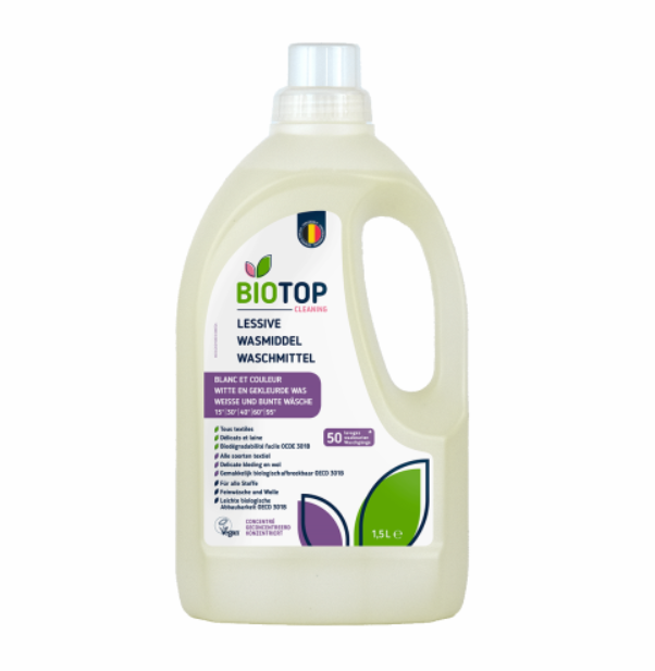 Bouteille de lessive liquide écologique Biotop, blanc et vert, avec bouchon vissé. Pour 50 lavages, sans phosphates ni colorants, compatible avec les peaux sensibles | commercialisé par la boutique Tipi à Theux
