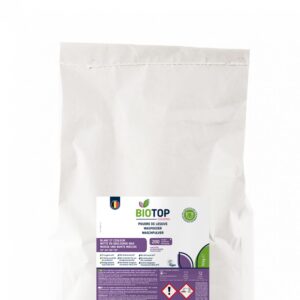 Sac blanc de lessive en poudre de la marque Biotop, avec étiquette violette et verte détaillant les composants et précautions. Lessive écologique sans agents chimiques agressifs, pour un linge propre et respectueux de la nature | commercialisé par la boutique Tipi à Theux