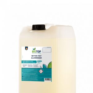 Bidon de nettoyant multi-usages Biotop avec étiquette descriptive. Formule concentrée pour un entretien écologique de la maison | commercialisé par la boutique Tipi à Theux