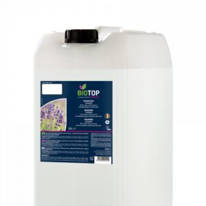 Bidon de 25 litres de shampooing à la lavande de la marque Biotop avec étiquette détaillée. Nettoie les cheveux en douceur, formulation végétale et biodégradable | commercialisé par la boutique Tipi à Theux