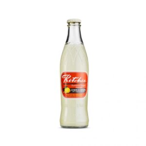 Bouteille en verre de limonade Ritchie citron gingembre, avec étiquette rouge et blanche. Boisson pétillante naturelle au goût piquant, sans arômes artificiels | commercialisé par la boutique Tipi à Theux