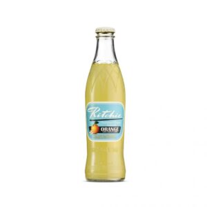 Bouteille de soda orange Ritchie avec étiquette bleue et illustration de fruit. Recette belge artisanale à base d’arômes naturels d’orange, légèrement sucrée | commercialisé par la boutique Tipi à Theux