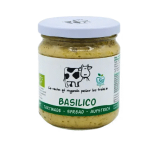 Pot de tartinade "Basilico" bio de la marque Foodprint, avec couvercle blanc et illustration de vache. Goût frais de basilic, sans conservateurs, idéal pour les toasts | commercialisé par la boutique Tipi à Theux