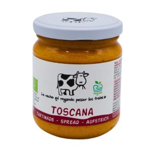 Bocal de tartinade "Toscana" bio de la marque La vache qui regarde passer les trains. Saveurs italiennes douces, préparation artisanale, 100% végétale | commercialisé par la boutique Tipi à Theux